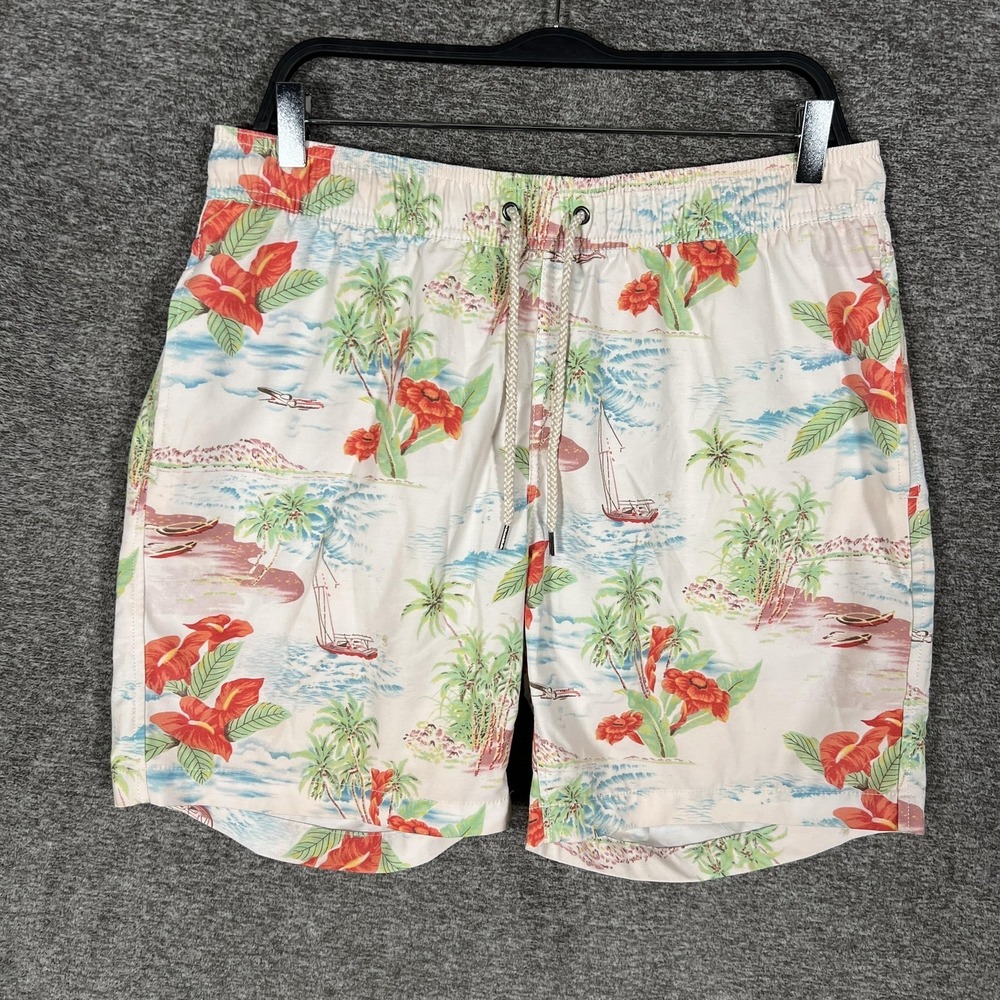 Faherty Shorts Mens XL Beige Floral Swim Trunks Hawaiian‎ Lined Pockets